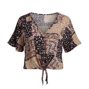Ten Ten Floral Patchwork Crop Blouse Women’s 1X Navy Multi‎ Tie Front Rayon Boho